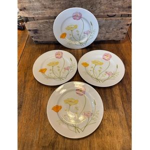Vintage Genevieve by Jardin, SET OF 4 Salad PLATES 7 5/8” Yellow & Pink Poppy